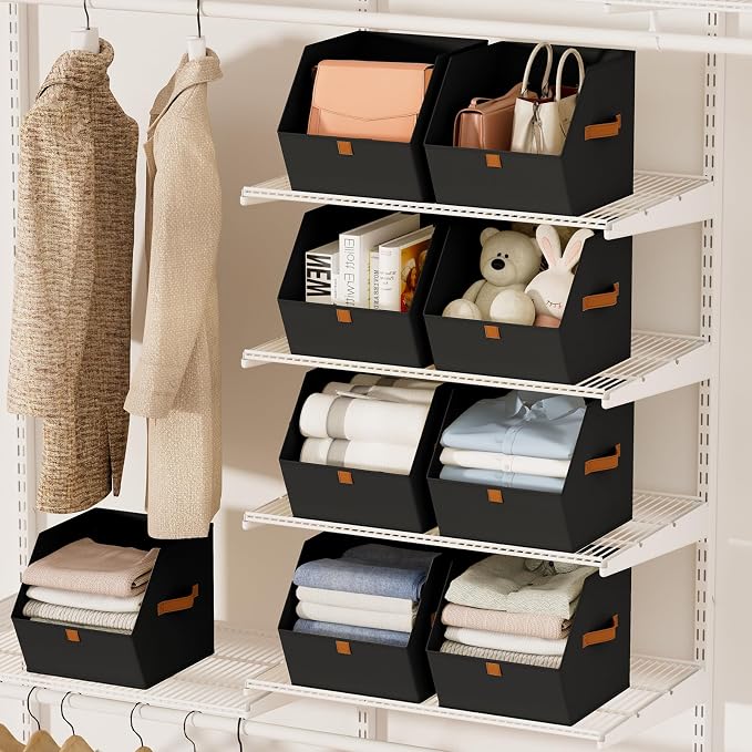 Fabric Closet Storage Cubes - 8 Pack Square Storage Bins with Dual Handles for Clothes, Towels, Toys, Cube Storage Organizers for Bedroom, Nursery, Shelves, Closet, Small Spaces, Black