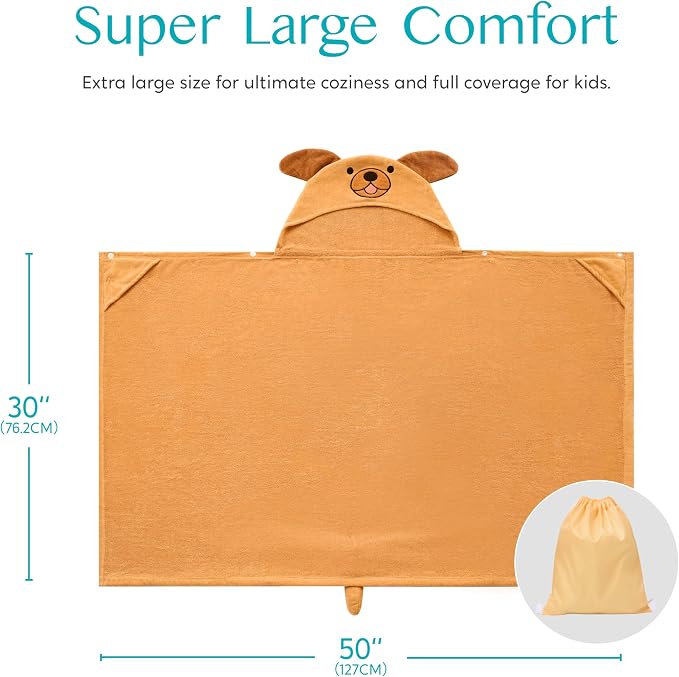 Joiedomi Hooded Towel for Kids Soft 100% Cotton Bath Beach Towel 30" x 50" for Kids 3-8 Years Toddler Pool Poncho with Hood Absorbent Swim Wrap for Boys Girls Brown Dog