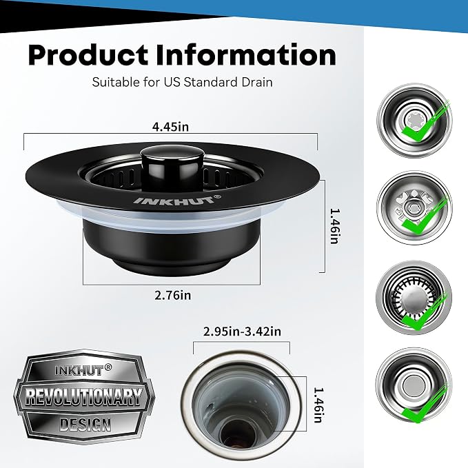 Upgraded 3 in 1 Kitchen Sink Drain Strainer (Black) | Stainless Steel Sink Stopper, Anti-Clogging Food Catcher Basket, Bounce Core Drain Strainer Plug for 3 1/2 inch Drain