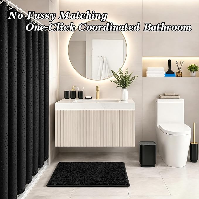 Bathroom Accessories Set with Shower Curtain, Black & Gold | 10Pcs Bathroom Sets Complete with No Slip Rug, Trash Can, Toilet Brush Set, Soap Toothbrush Holder Set, Squeegee