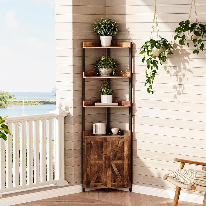 HOOBRO Corner Shelf with Storage, Tall Corner Cabinet, 5-Tier Bookshelf Stand, Storage Cabinet with Protective Fence, for Living Room, Rustic Brown and Black BF78CJ01
