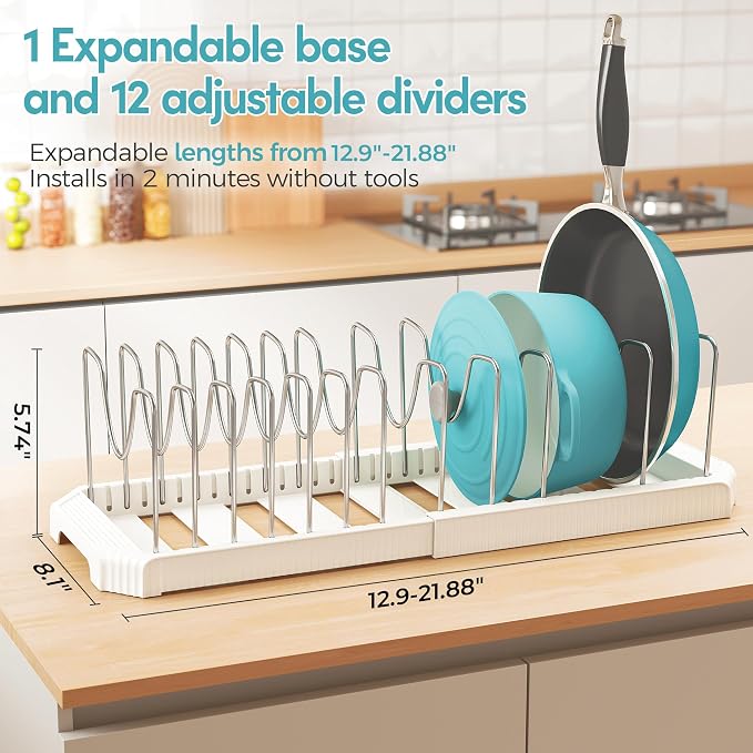 Expandable Pan Organizers Inside Cabinet with 12 Dividers White | Extends 12.9-21.9", Holds cookie sheets, cutting boards, pot lids and pans, iron dividers, plastic base, under cabinet rack