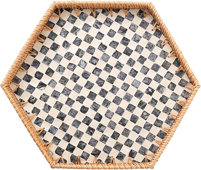 Hexagon Rattan Tray with Mother of Pearl Inlay, Rattan Serving Tray for Coffee, Bread, Fruits, Snacks, Decorative Wicker Tray for Table Decor, Home Decor (Black Checker, 14.5"×12.8")