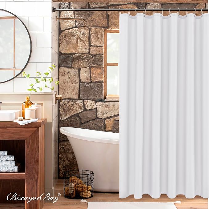 Biscaynebay Fabric Extra Wide Shower Liners for Clawfoot Tubs, White 180" by 72" Length, Water Resistant Fabric Rust Resistant Grommets Top Weighted Bottom Machine Washable