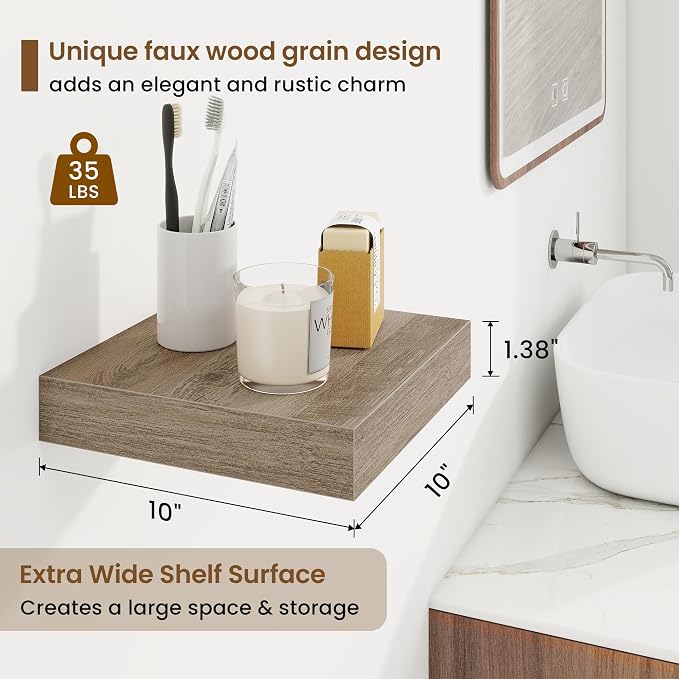 Marsmiles 9.25in Depth Floating Shelves, 10x10x1.4, Grey, Set of 3 | Small Wall Mounted Square Shelves, Engineered Wood, Invisible Brackets, Living Room, Bedroom, Bathroom, Kitchen Decor