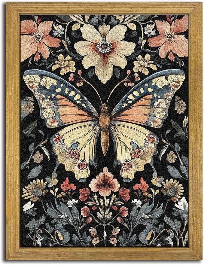 Hand Drawn Sandstone Nature Floral Wall Art, Framed Vintage 3D Textured Butterfly Wall Decor, Gothic Style Flower Insect Print Painting for Living Room Bedroom Home Decor 12x16 inch