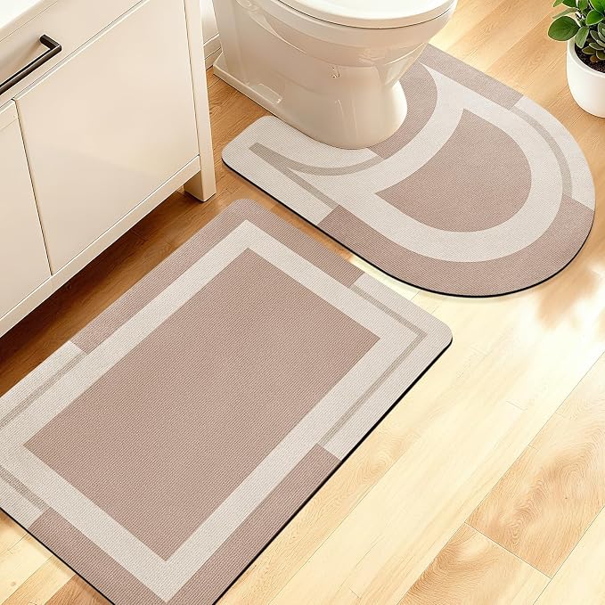 Non Slip Bath Mat, Thin Bathroom Rugs Fit Under Door, Quick Dry Bath Mats, Machine Washable Bath Rugs for Bathroom, Bathtub & Kitchen, Light Brown/Bordered/24 x17+ 24"x20" Contour Rug