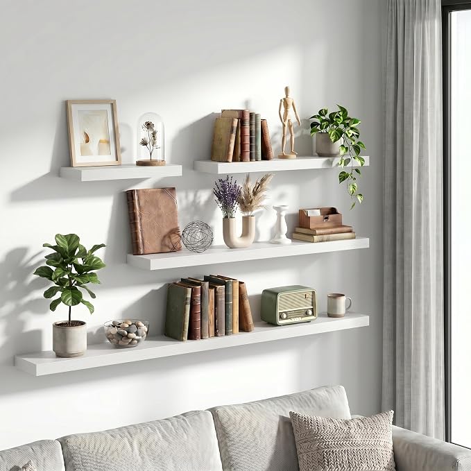 Vivelove 48 Inch Floating Shelves Wall Mounted for Display, 6.5 Deep Duty Shelves with Invisible Brackets for Living Room,Bedroom,Kitchen, Bathroom Storage & Decor,48" Wx6.5 Dx1.4 H - White