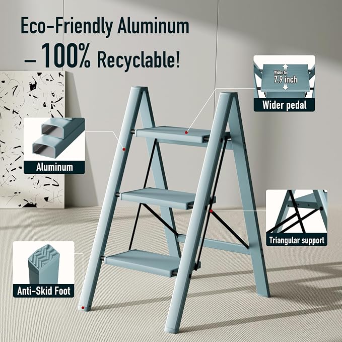 Mayi Plus 3 Step Stool Foldable, Aluminum, Lightweight Step Ladder | Extra-wide anti-slip folding steps with 330 lbs, for home,kitchen,office,outdoor,office,Blue