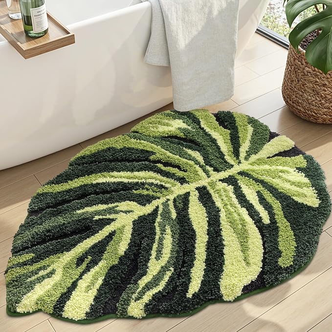 DEXI Cute Bath Mat, Green Leaf Monstera Bathroom Rugs 31.5x23.5 | Soft and Absorbent Microfiber, Non Slip, Machine Washable Bathmat for Shower Floor, Bedroom, Kids Room, Home Decor