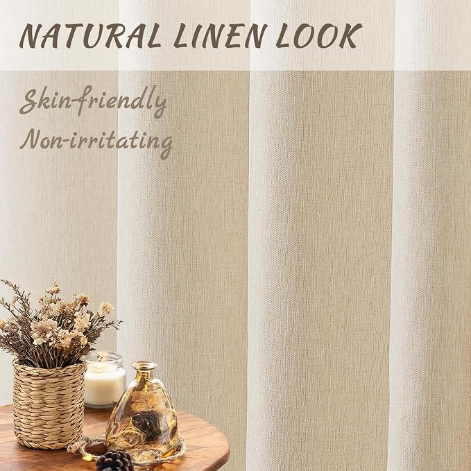 WONICY Boho Scalloped Shower Curtain with Hooks, Beige, 72 x 72 | Linen Look, Waterproof Polyester, 12 Plastic Hooks, Modern Farmhouse Style, Machine Washable, for Bathroom