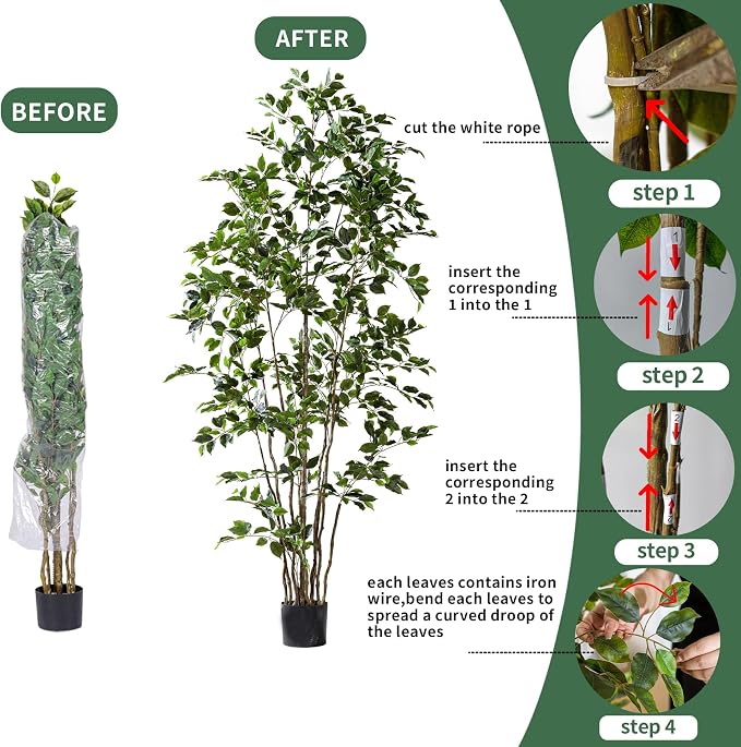 Bailikang Artificial Ficus Tree Indoor 6ft, Large Potted Faux Tree with Realistic Silk Leaves & Trunk for Home Office, Living Room Corner Decor