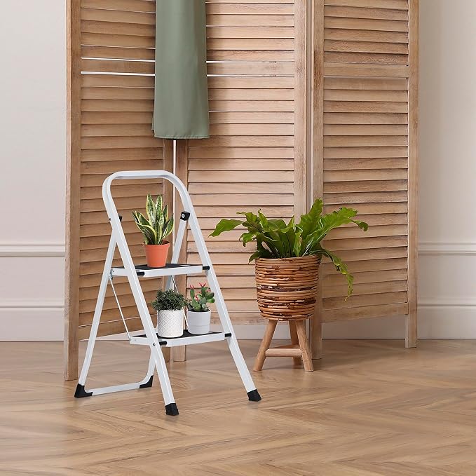 ZENY 2 Step Ladder Folding Step Stool with Wide Anti-Slip Pedal, Convenient Handgrip, Portable Steel Step Stool, Sturdy Steel Ladder for Household and Office