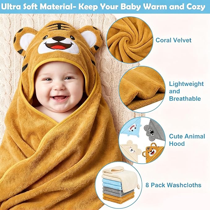 12 PCS Baby Bath Towels Set for Infants Toddlers Essentials | 4 PCS Baby Towels & 8 PCS Washcloths Set, Cute Animal Hooded, Ultra Absorbent & Soft, Newborn Shower Gifts for Boys & Girls