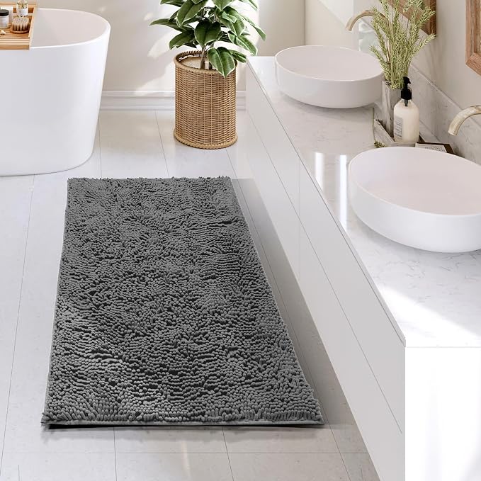 Hearth & Harbor Bathroom Rugs, Chenille Bath Mat - Machine Washable Bath Mats for Bathroom Non-Slip Backing Rubber, Quick Dry Bathroom Mat - Grey 24x36