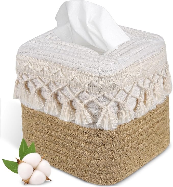 Boho Tissue Box Cover: Natural Handwoven Square Cover for Bathroom | Open-Bottom Design with Tassel, For Kitchen, Tabletops, Home & Office, Farmhouse Decor