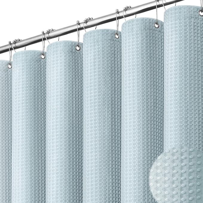 Extra Long Waffle Shower Curtain 256 GSM Fabric 72"x84" Fog Blue | 84 Inch Long, Thick Polyester Cloth, Weighted Hem, Water Repellent, Washable, Tall Hotel Bathroom Shower Curtain Set 12 Hooks