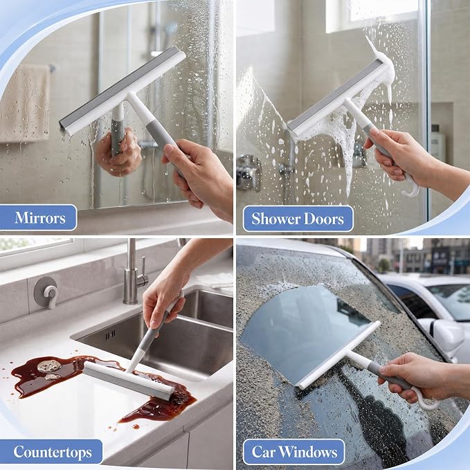 3 Pack Silicone Shower Squeegee for Glass Doors with Hook & Suction Cup 8.7" Bathroom Window Squeegee Glass Wiper Streak Free for Bathroom Shower Doors, Mirrors, Car Windows & Kitchen Counters