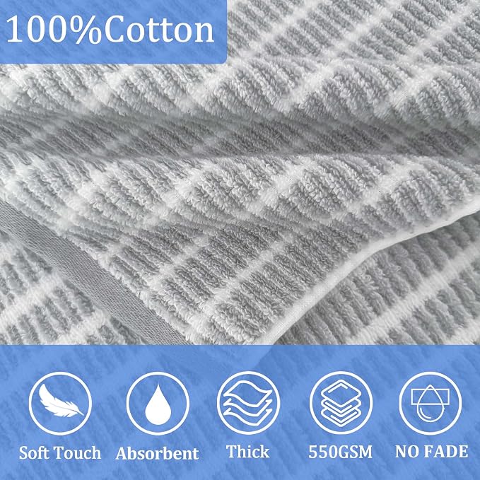 VOOVA & MOVAS Big Kids Hooded Bath Wrap, 8+, 100% Cotton, Thick, Gray White | Classic Horizontal Stripe, Soft, Absorbent & Quick Dry, Great for All Water Activities