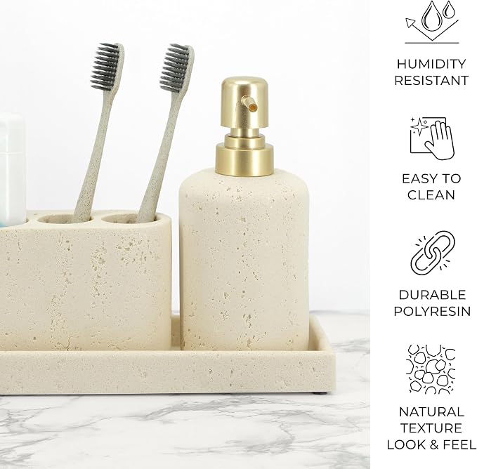 -Beige Bathroom Accessories Set 4 Pcs - Toothbrush Holder, Soap Dispenser, Vanity Tray, Bathroom Tumbler - Countertop Vanity Organizer - Bathroom Accessory Set- Toothbrush Holder Set, Stone Sets
