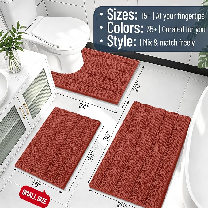 Smiry Chenille Bathroom Runner Rugs 44x24, Soft Bath Mat, Rustic Terracotta | Quick‑Dry & Machine Washable, Non‑Slip Bath Carpet, Thick Striped Bath Rugs for Tub & Shower, Modern Home Decor Accessories
