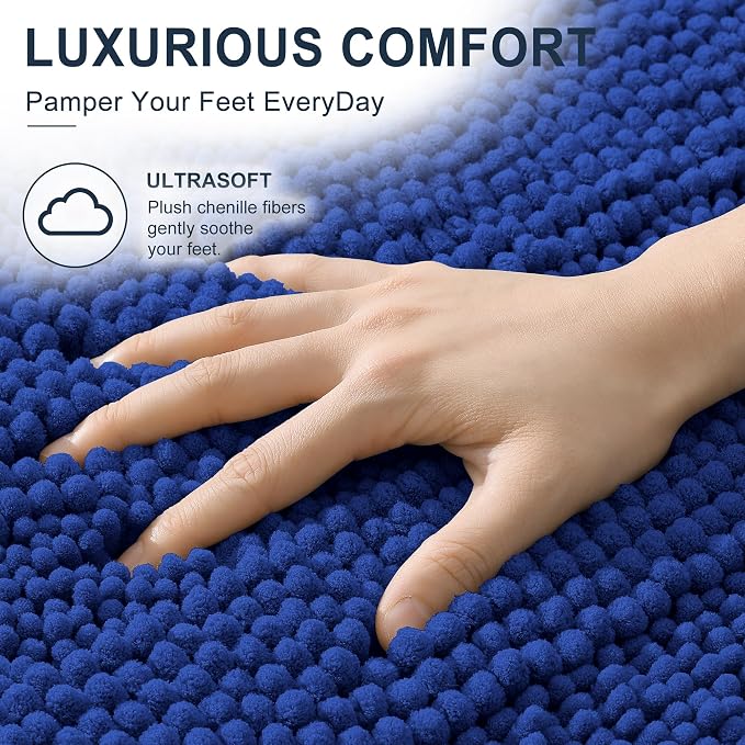 Smiry Thick Chenille Bathroom Runner Rugs 44x24, Soft Bath Mat, Royal Blue | Quick‑Dry & Machine Washable, Non‑Slip Bath Carpet, Striped Bath Rugs for Tub & Shower, Modern Home Decor Accessories