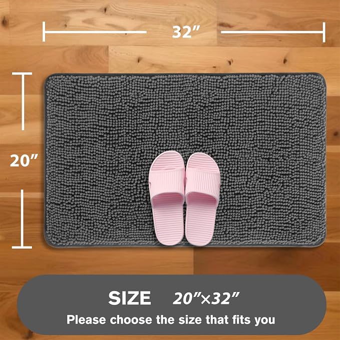 Gray Bathroom Rugs – Absorbent and Washable Bath Mat, Non-Slip, Thick Soft Chenille Bath Rugs for Bathroom Floor, Shower, Sink - 20" x 32"