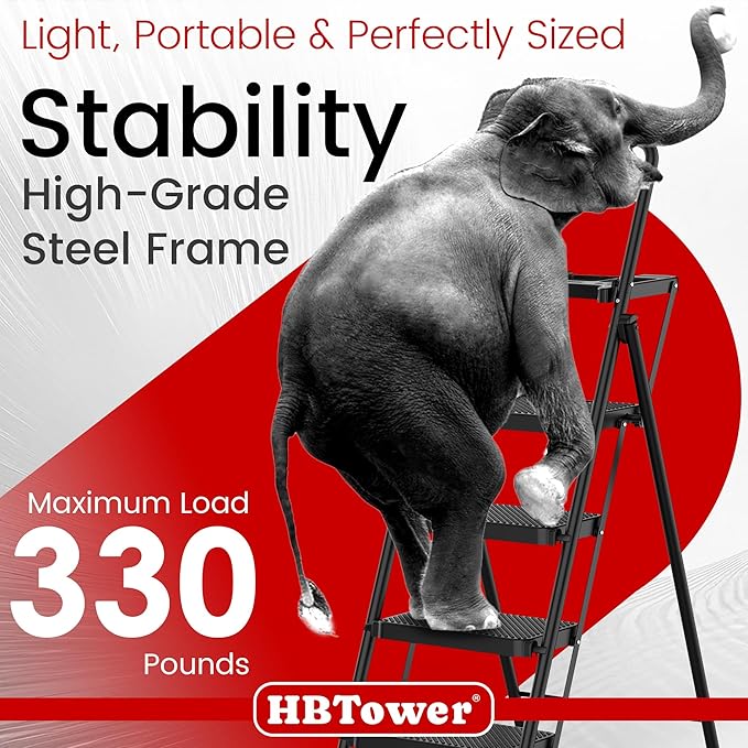 HBTower Step Ladder, Folding Step Stool with Wide Anti-Slip Pedal | Sturdy Steel Ladder, Convenient Handrail, Lightweight, Portable Steel Step Stool
