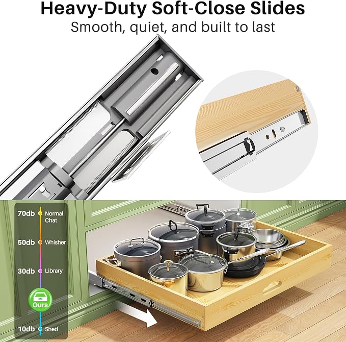 Pull Out Cabinet Organizer, Soft Close Wooden Slide Out Drawers for Pots and Pans, Full-extension Roll Out Shelves for Kitchen Cabinets, Pantry Organization, Bottom & Side Mount(26"W X 21"D x 3.4''H)