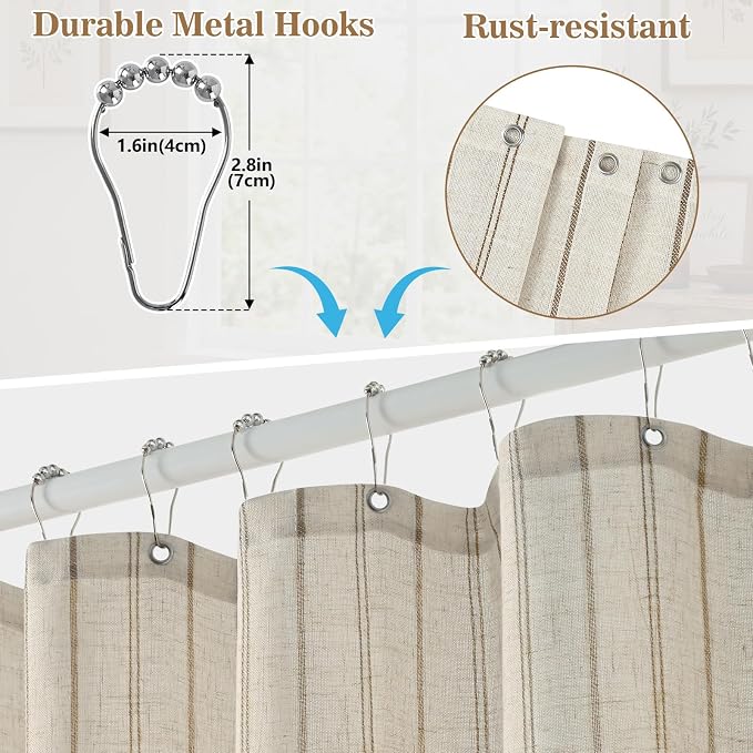 Yinhua Farmhouse Linen Shower Curtain with Ruffle, Vintage Striped Long Shower Curtains Set for Bathroom, Tan Waterproof Bath Curtain with 12 Metal Hooks, Heavy Duty Washable Cloth, 72" W x 84" L