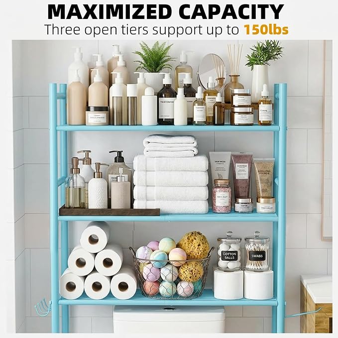 GloTika 3-Tier Over Toilet Storage, Anti-Tilt, 64" H, Blue | Anti-Tilt Safety System, 150lb Capacity, Carbon Steel, Freestanding, No Drilling, Anti-Rust Coating, Paper Holder & 4 Hooks