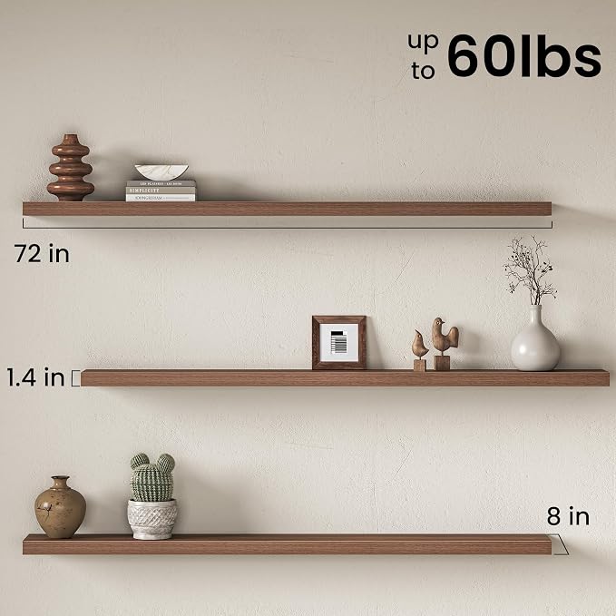 Fun Memories 72 Inch Floating Shelves for Wall 8 Inch Deep Walnut Shelves Set of 2, Wall Mounted Rustic Wood Long Floating Shelf, Large Display & Storage Shelf with Invisible Brackets
