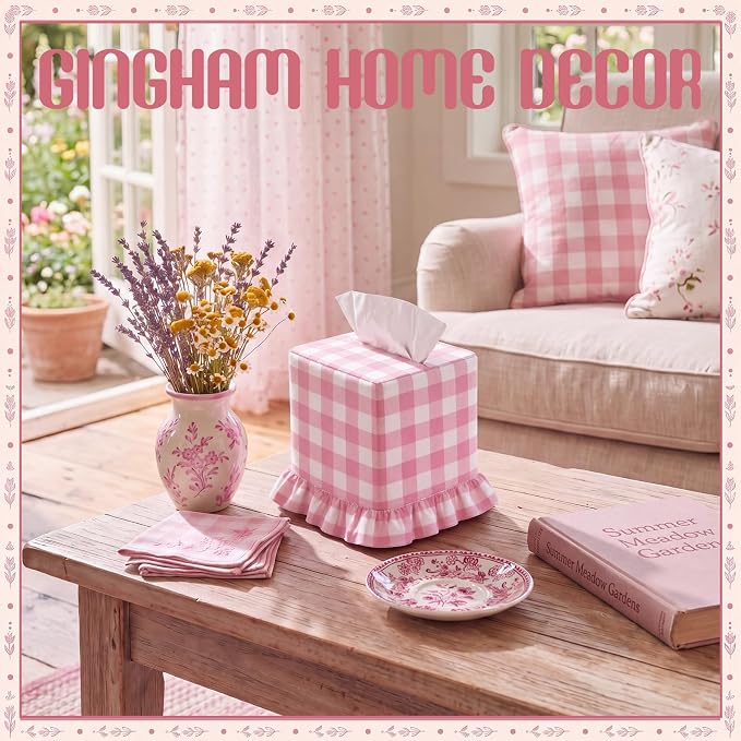 Pink Gingham Tissue Box with Ruffled Cover Cottagecore Handmade Decorative Gingham Napkin Holder for Home Bedroom Living Room Bathroom Vanity Countertop Car Office Kitchen