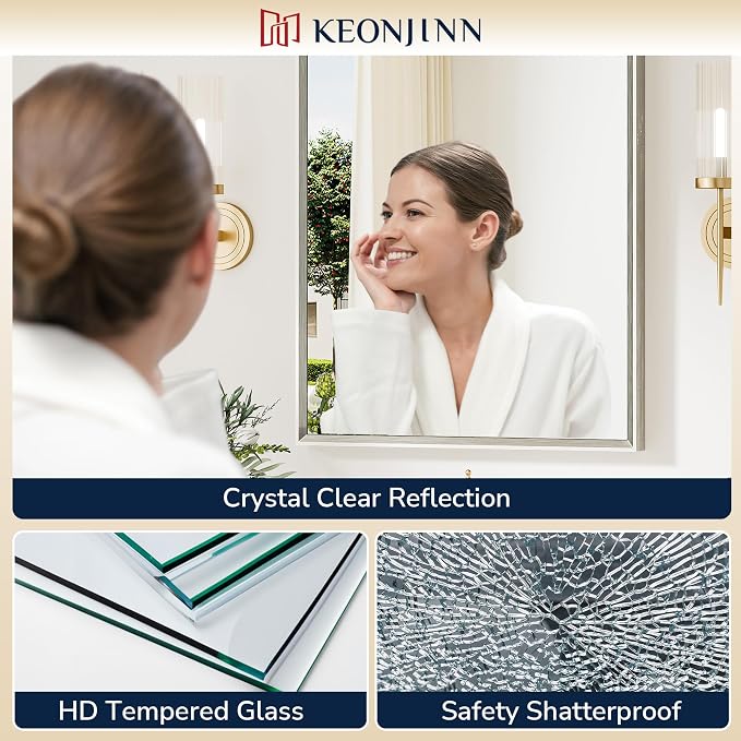Keonjinn 48 x 36 Inch Brushed Nickel Bathroom Mirrors for Over Sink | Metal Frame, Rectangular Mirrors for Wall, Anti Rust, Rustic Bathroom Vanity Mirror, Safety HD Tempered Glass, Square Corner