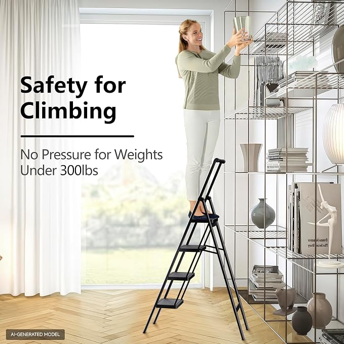 4 Step Ladder, Folding Step Stool, Lightweight Stepladder, Black | Reach 8ft;Anti-Slip 7.9'' Wide Pedal;Portable Handrail;Space-Saving;For Kitchen, Home, Library, Office Use;300lbs Capacity