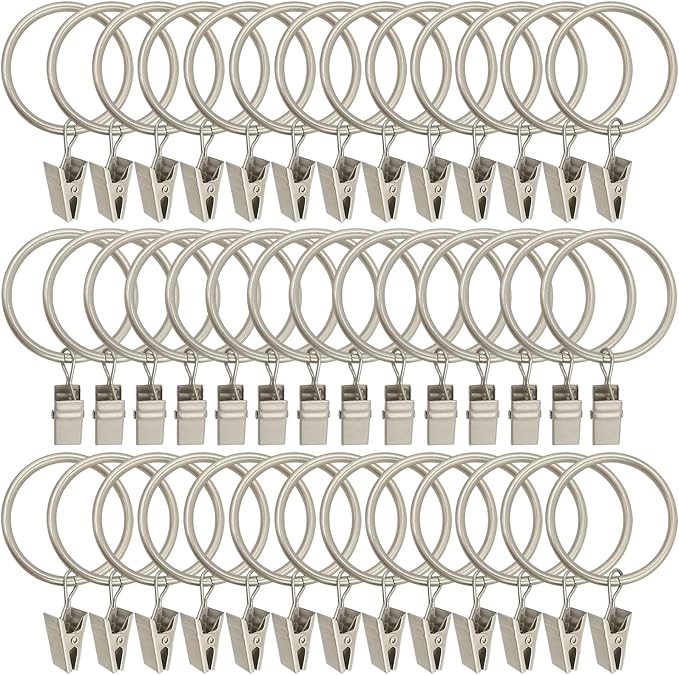 LLPJS 40 Pack Metal Curtain Rings with Clips, Curtain Clip Rings Hooks for Hanging Drapery Drapes Bows, Curtain Rod Rings 1.5 inch Interior Diameter, Matte Silver