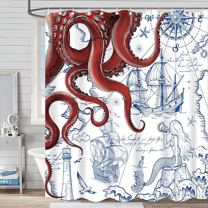 Fungarth 84 Inch Extra Long Red Nautical Octopus Shower Curtain Navy Blue Mermaid Funny Ocean Kraken Shower Curtains for Bathroom Anchor Coastal Map Waterproof Fabric Bath Curtain (Red, 72” x 84”)