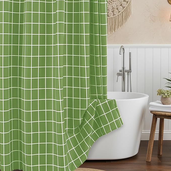 Biscaynebay Extra Long Sage Green Shower Curtain for Bathroom-72x84 Inch Fabric Modern Farmhouse Faux Linen Textured Grid Plaid Shower Curtains, Minimalist Simple Geometric Neutral Decor Washable