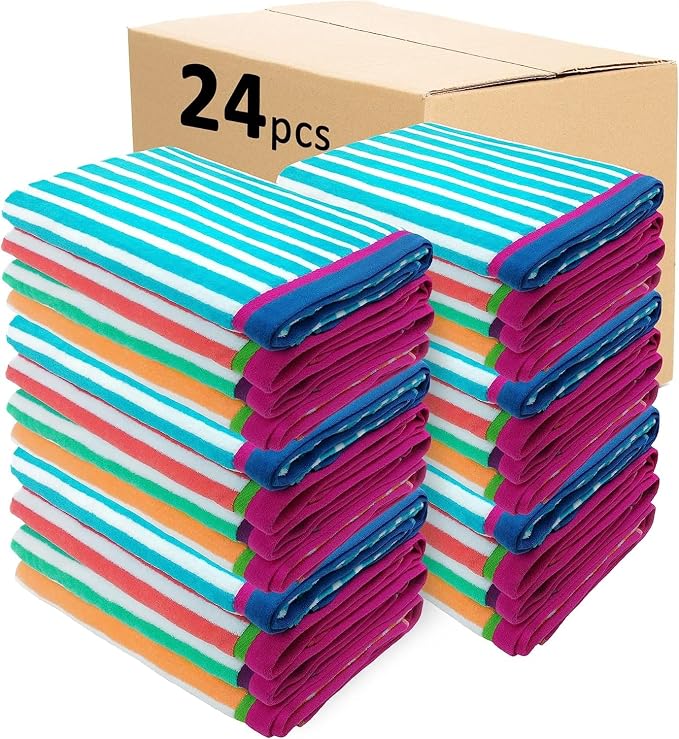 Kaufman - Colorful Racing Striped Beach & Pool Towel - Extra Large Beach Towel - Soft & Absorbent 100% Cotton Towels - Assorted Colors - 32" x 62" - 24 Pack