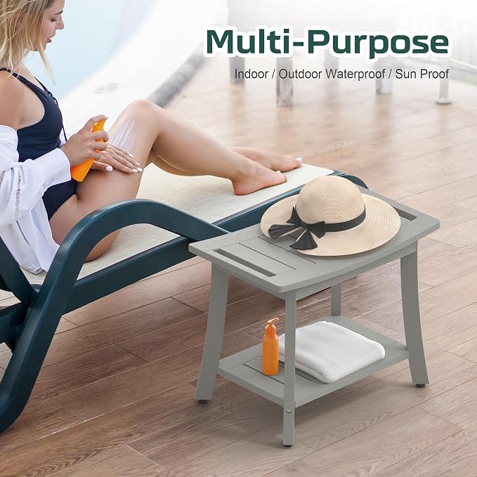 Waterproof HIPS Shower Bench for Inside Shower, Shower Stool, Grey | Ergonomic design, For seating and leg shaving, Wood-Look texture, Easy care, Storage shelf, Non-slip leveling feet, 400 lb