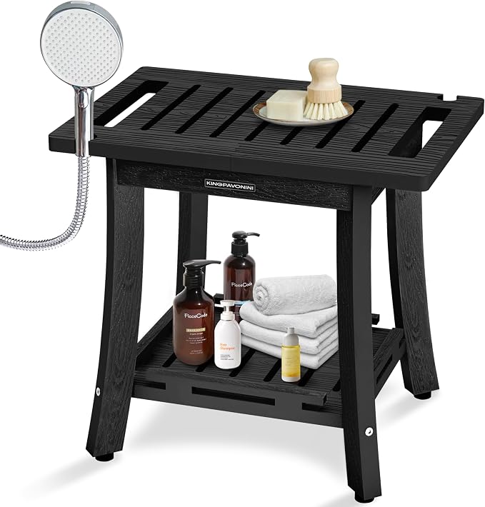 KingPavonini HDPS Shower Bench for Inside Shower to Sit on, 18.6'', Black | Waterproof Shower Stool for Shaving Legs, 400 lb, Bathroom Chair Seat with Storage Shelf, for Tub/Outdoor Use, Quick Assembly