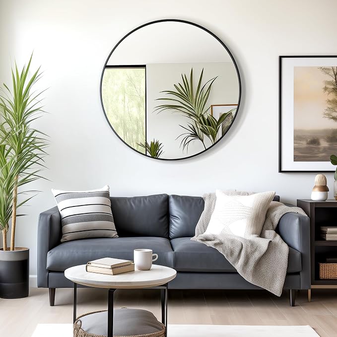 42 Inch Round Bathroom Mirrors for Over Sink | Circle Mirror with Metal Frame, Black Wall Mirror for Vanity, Entryway, Living Room, Hallway and Bedroom Decor