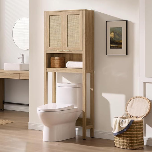 SICOTAS Over the Toilet Storage Cabinet, Rattan Door Bathroom Organizer | Freestanding Bathroom Organizer with Adjustable Shelf, Over Toilet Storage Cabinet for Bathroom, Laundry Room, dnd Restroom