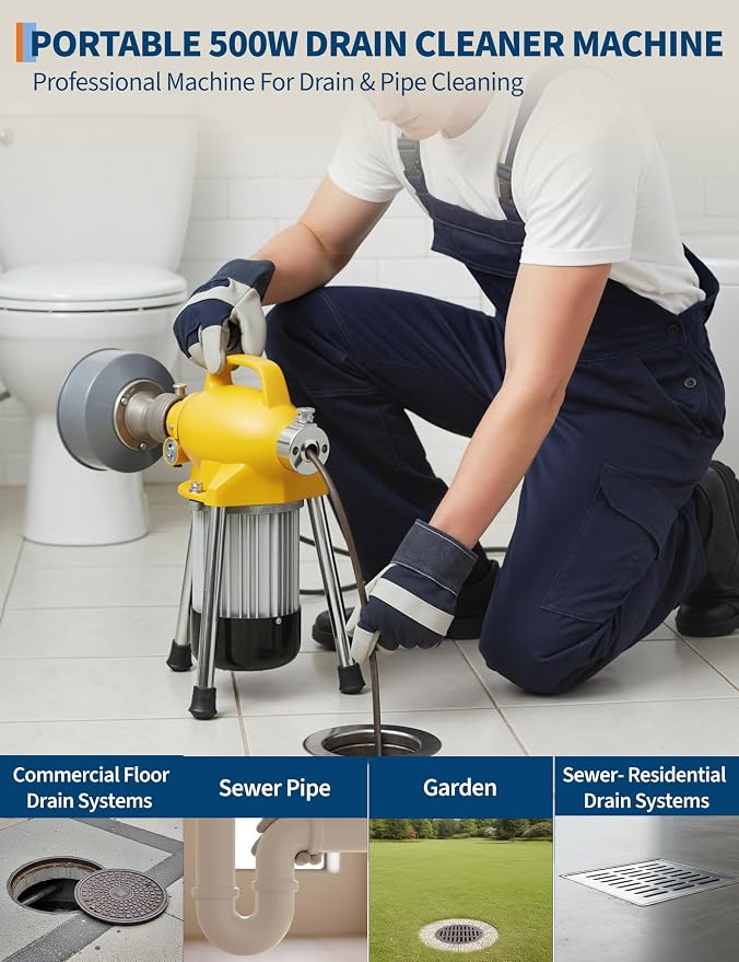 500W 400 RPM Auto Feed Electric Drain Cleaner Machine (66FT x 5/8" + 16FT x 3/8", Yellow and Sliver) | Portable Drain Cleaning Auger Sewer Snake with 66 ft x 5/8" & 16 ft x 3/5" Steel Cables & 6 Cutters, for 1.6"-4" Pipes