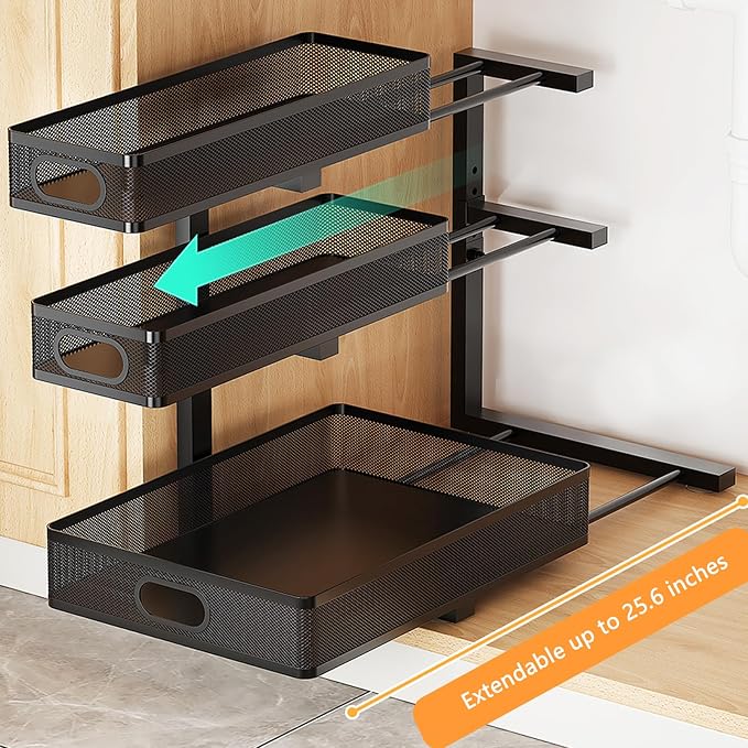 Under Sink Organizer, 2-Pack 3-tier Under Sink Storage Organizer Adjustable Height Easy Assembly Pull Out Cabinet Organizers Basket for Bathroom Kitchen Pantry Home Organization
