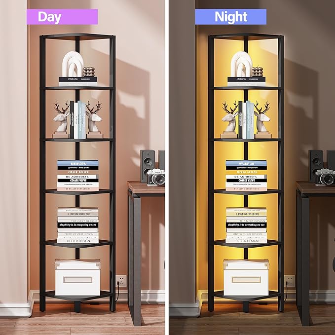 TUTOTAK Corner Shelf with LED Light, 6-Tier Corner Bookshelf | for Small Space, Narrow Display Corner Shelf Stand with Storage Rack, for Living Room, Bedroom, Black BS08BK006L