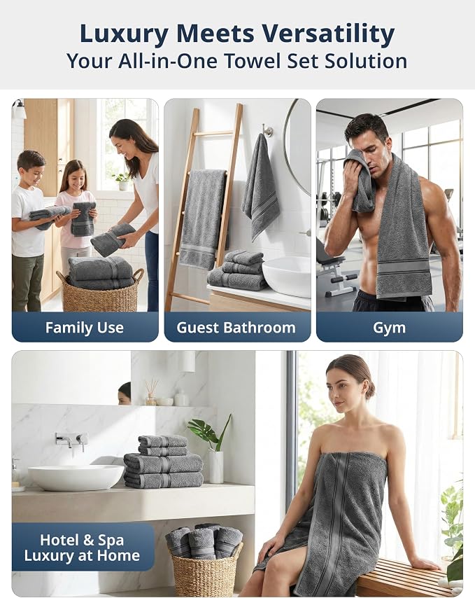 LANE LINEN Bath Towel Set 100% Cotton 6 Piece Soft Absorbent - Grey | Bath Towels Set Of 6 - Densely Woven, Coordinated Colors, Dobby Border Accent, OEKO-TEX Certified, Zero-Twist Durability
