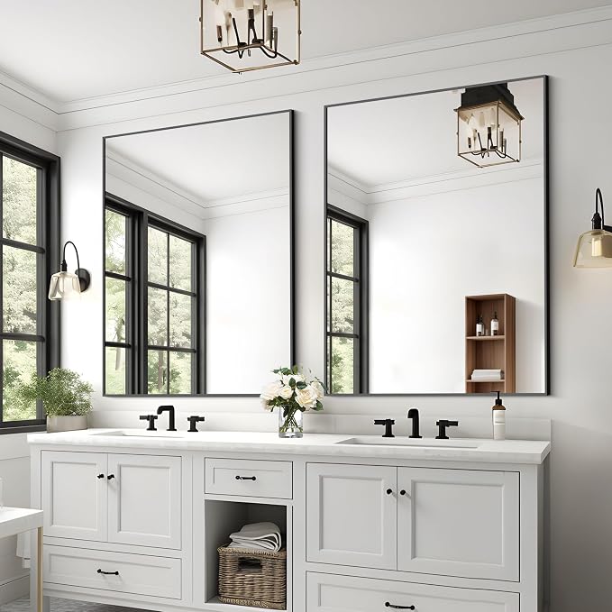 KOCUUY Black Mirror, 48"x36" Rectangle Bathroom Mirror for Over Sink, HD Tempered Glass, Anti-Rust Frame, Modern Design for Bathroom, Bedroom, Living Room, Entryway, Hang Horizontal/Vertical