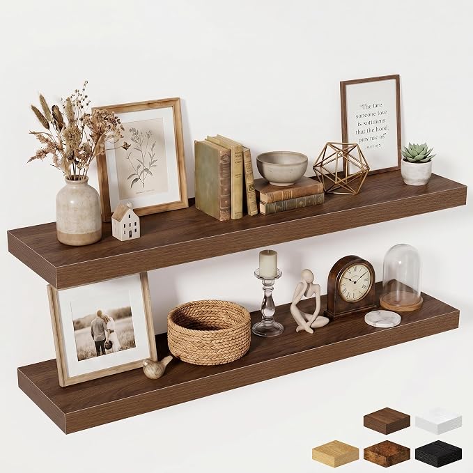 Fun Memories 55 Inch Floating Shelves for Wall - 12 Inch Deep Fireplace Mantel Shelf - Wood Floating Shelf for Wall - Large Storage Shelves Wall Mount for Living Room & Bedroom - Walnut - Set of 2