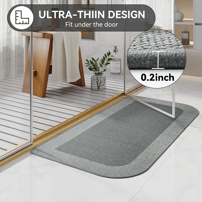 Bathroom Runner Rug, Long Thin Bath Mat Fit Under Door, Grey 24x48 | Quick Dry Absorbent, Rubber Backing Washable Large Bathmat, Shower Mat for Bathroom Floor, Tub and Outside Shower